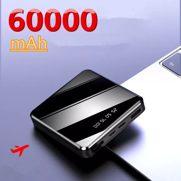Mini Power Bank 60000mAh Small Size Large Capacity Portable Charger 2USB Mirror Screen External Battery Suitable For Smartphones